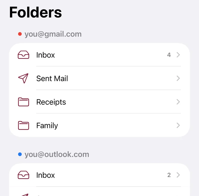 The Herald Folders tab listing Inbox, Sent Mail, Receipts and Family for you@gmail.com, then folders for you@outlook.com.
