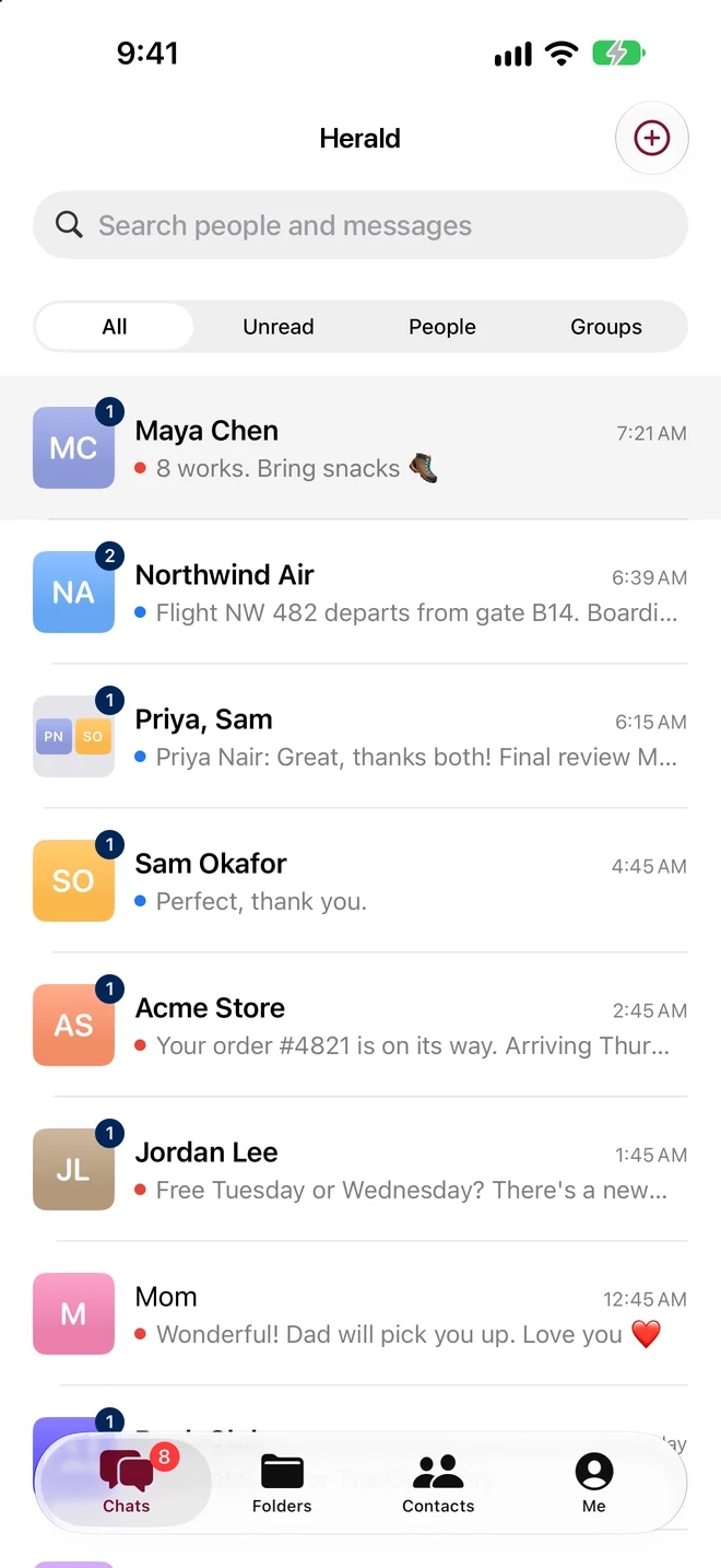The Herald chat list on iPhone: chats with Maya Chen, Northwind Air, a group with Priya and Sam, Acme Store and others, with All, Unread, People and Groups filters at the top.