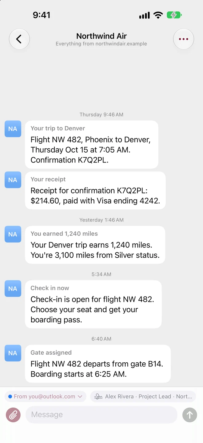 A Northwind Air chat in Herald holding a trip confirmation, a receipt, a miles update, a check-in reminder and a gate change, all in one thread.